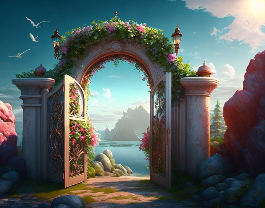 Ornate open gate with flowers in serene landscape