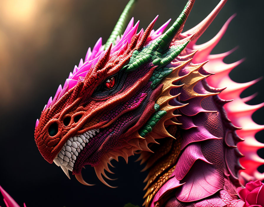 Vividly Colored Dragon with Pink and Red Scales on Dark Background