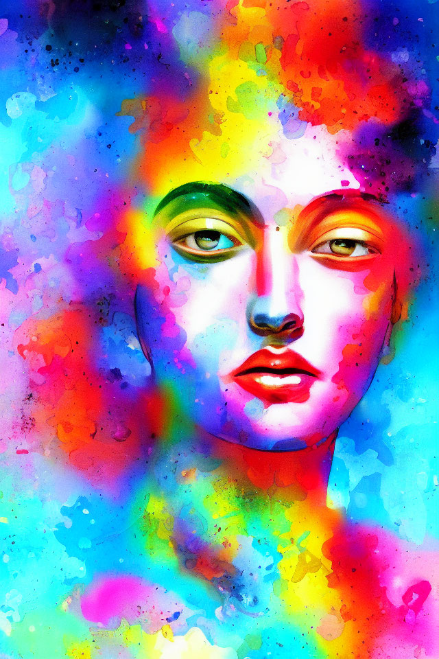 Colorful Watercolor Painting of Serene Face in Abstract Surroundings