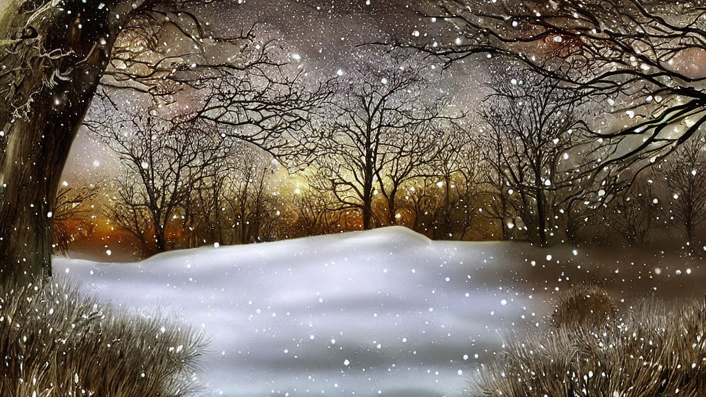 Tranquil Winter Dusk Scene with Falling Snowflakes
