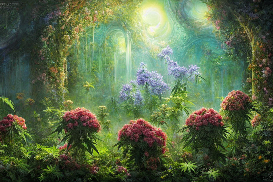 Lush Forest with Sunlight and Colorful Flowers