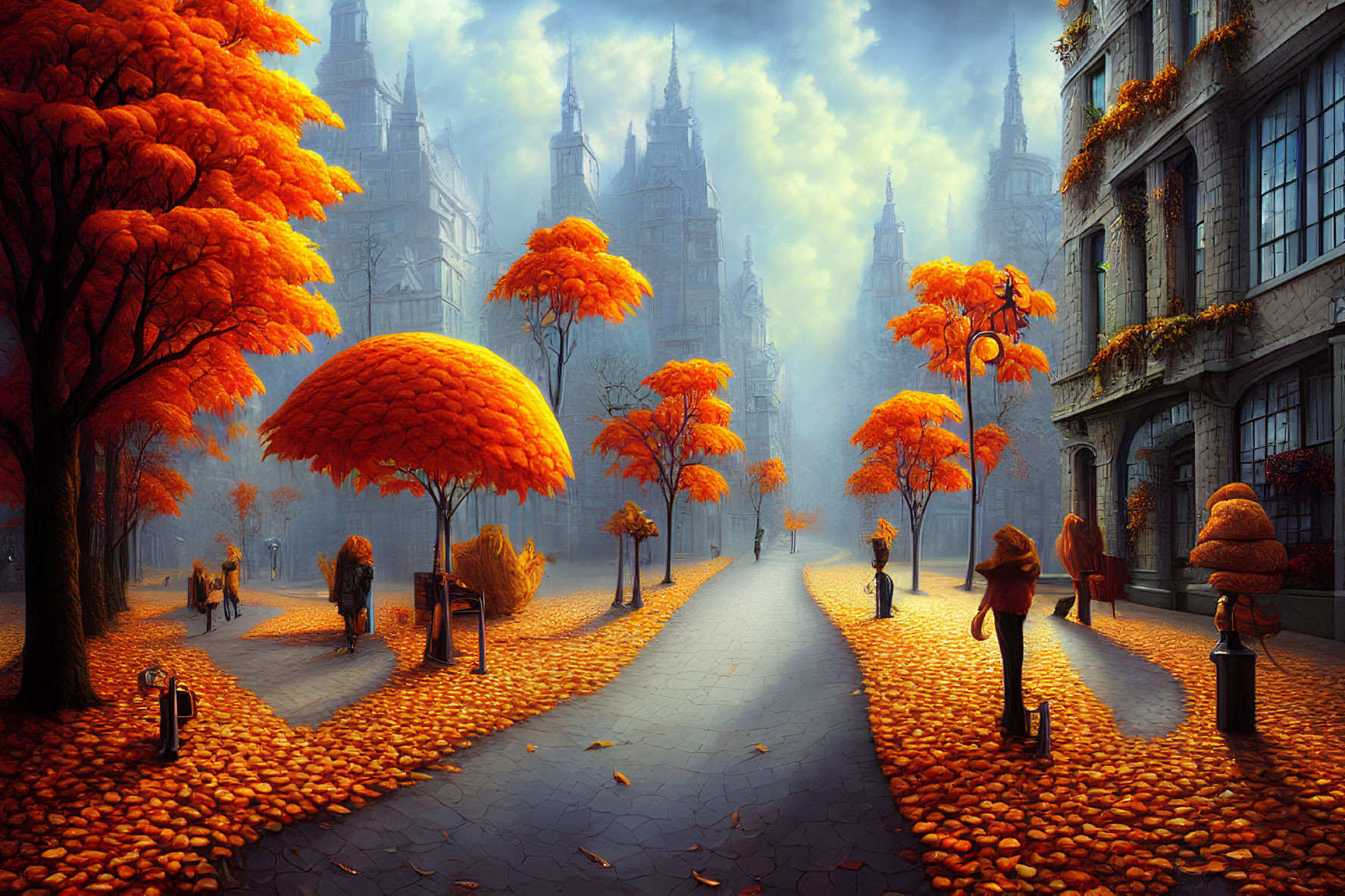 Cobblestone road with orange-leafed trees and street lamps on misty autumn day