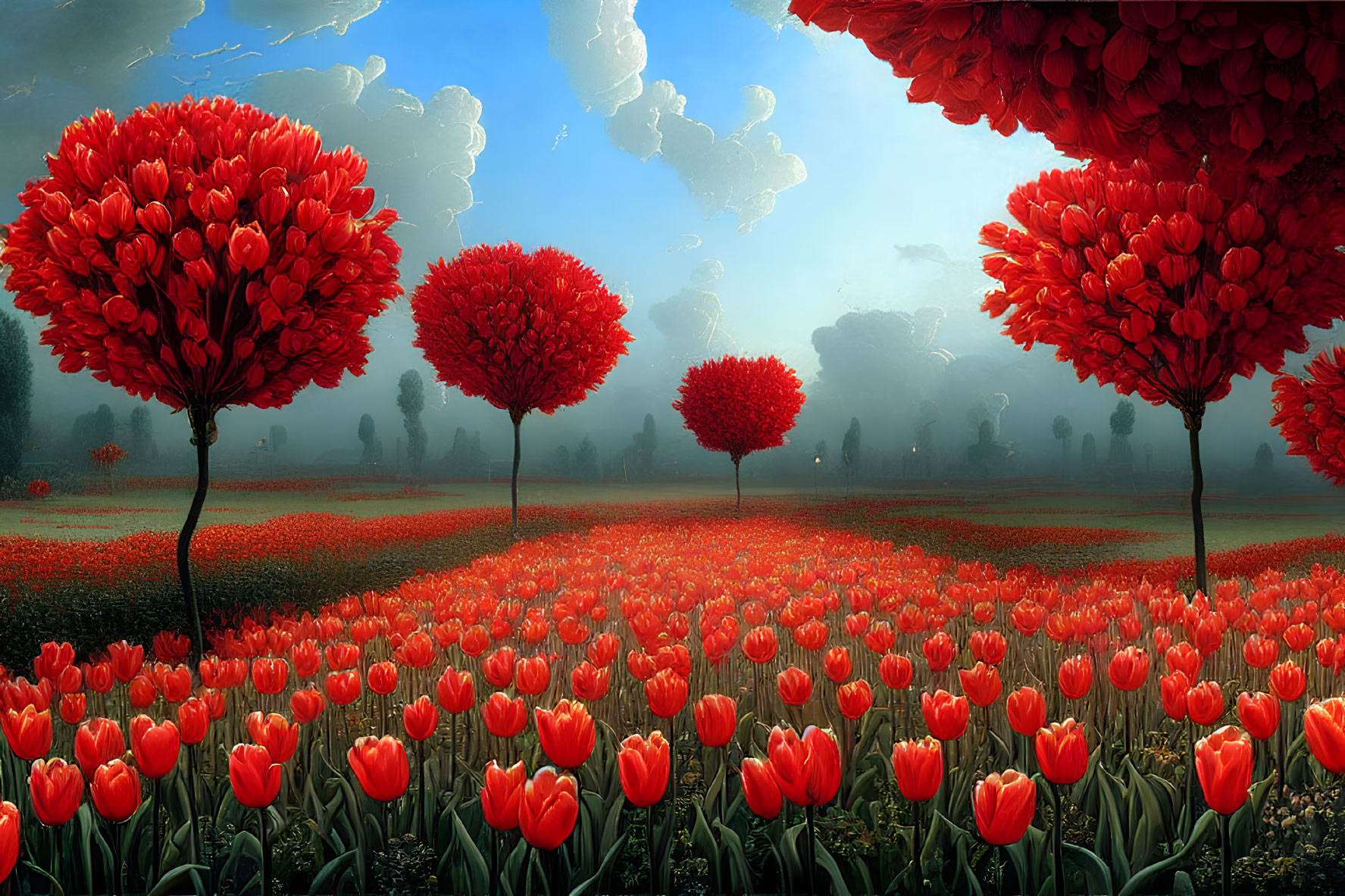Colorful red tulip field with spherical treetops under blue sky