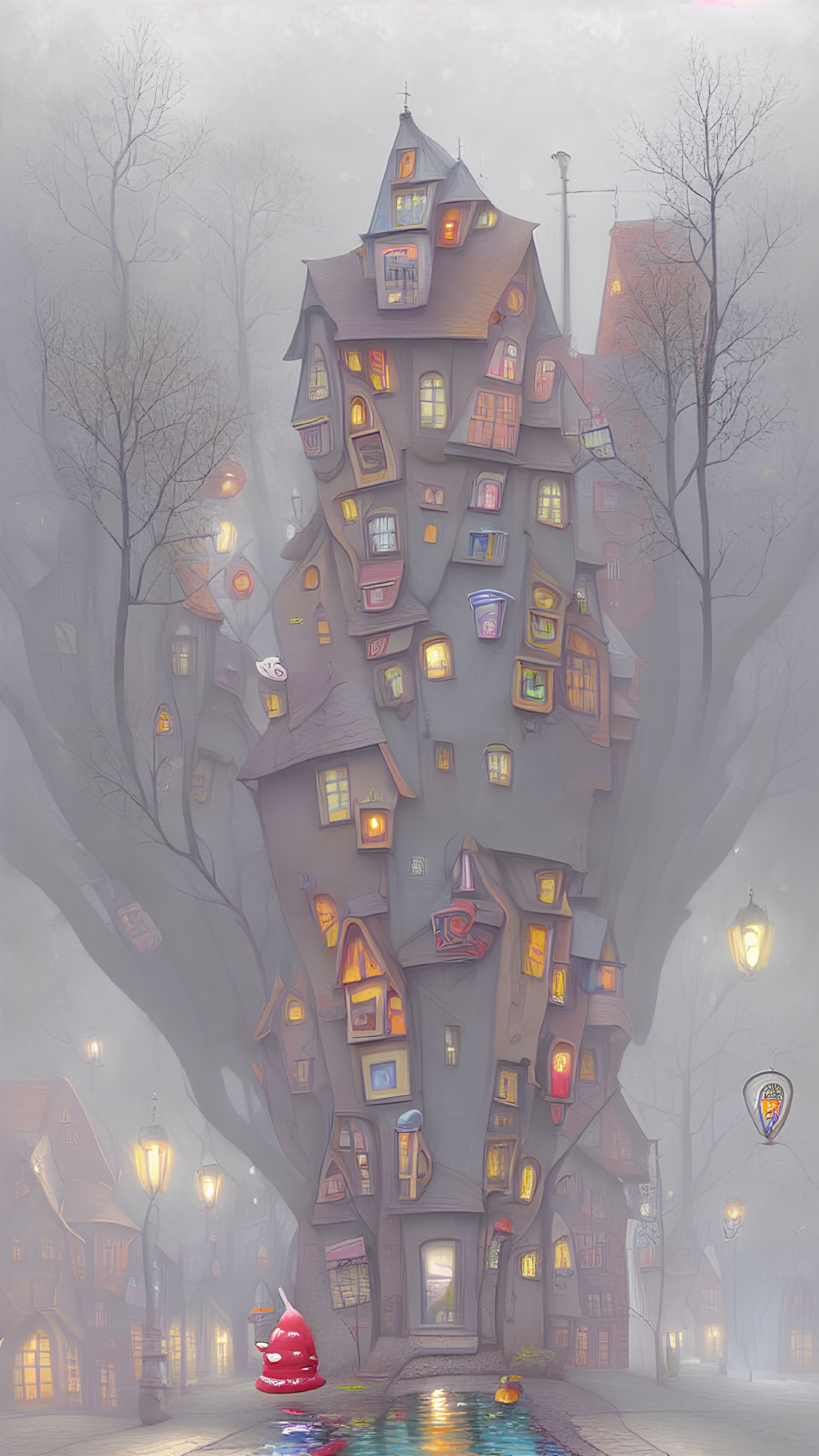 Misty ambiance: Glowing treehouse with red car