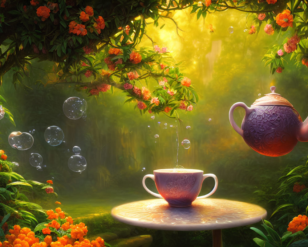 Floating teapot pours into cup in magical garden scene