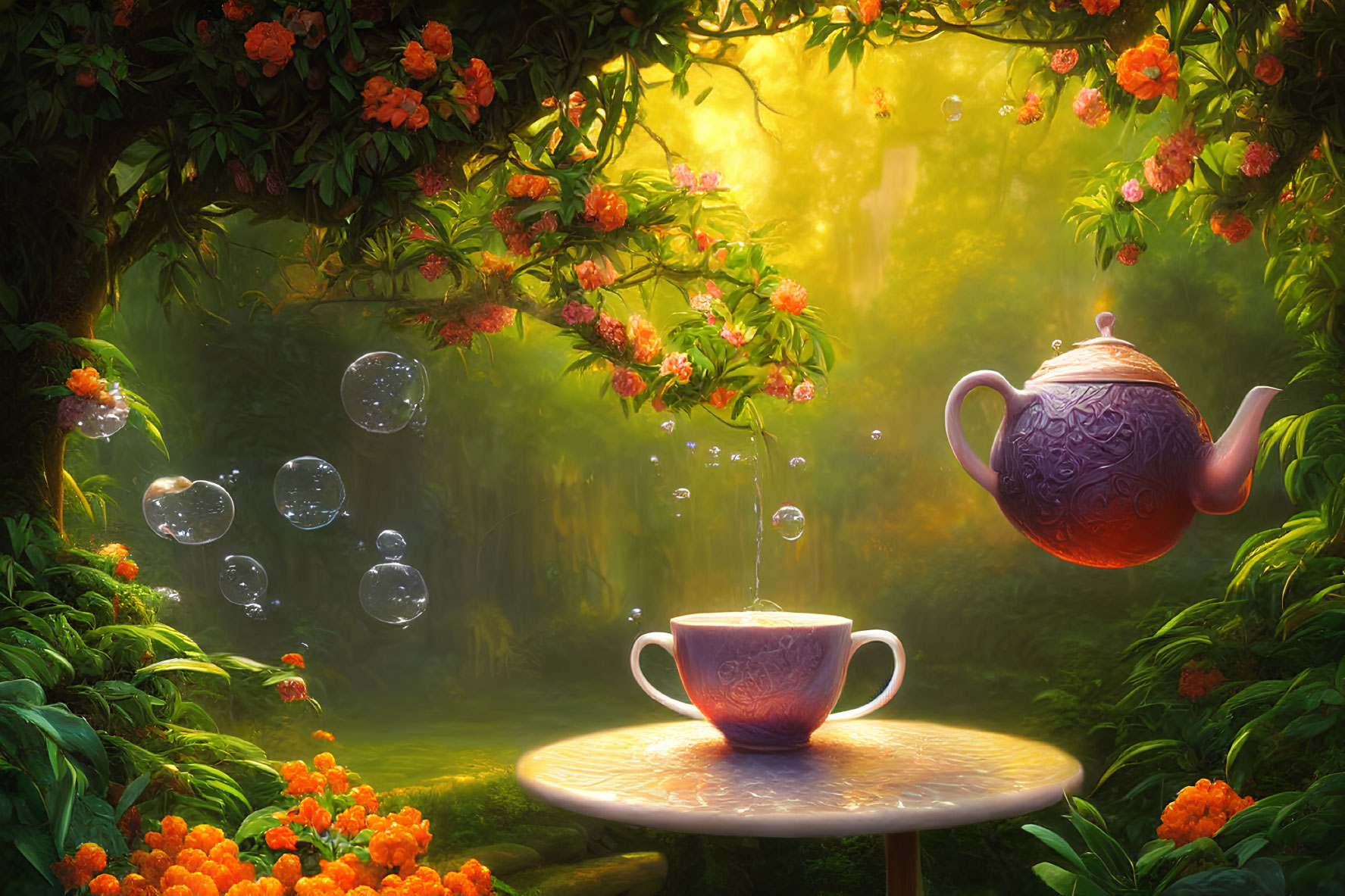 Floating teapot pours into cup in magical garden scene