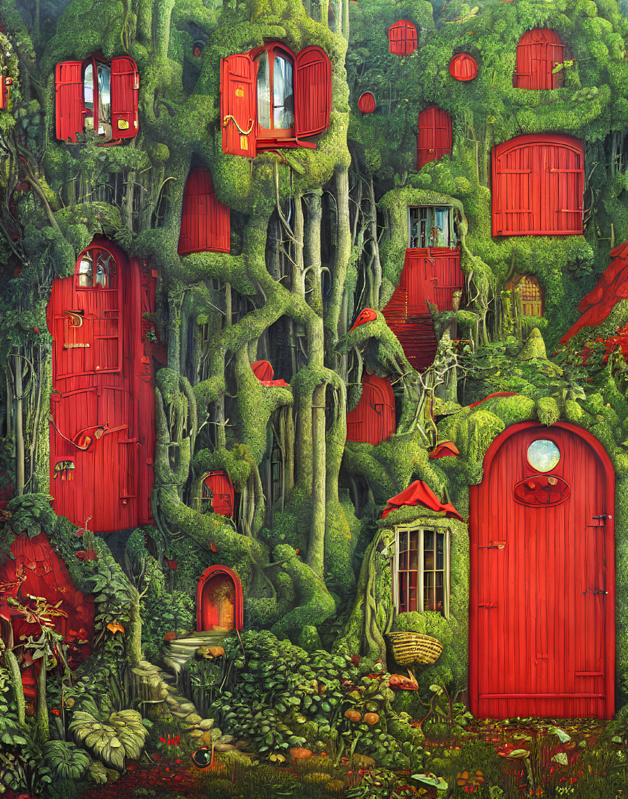 Detailed illustration of magical tree with lush greenery and red doors