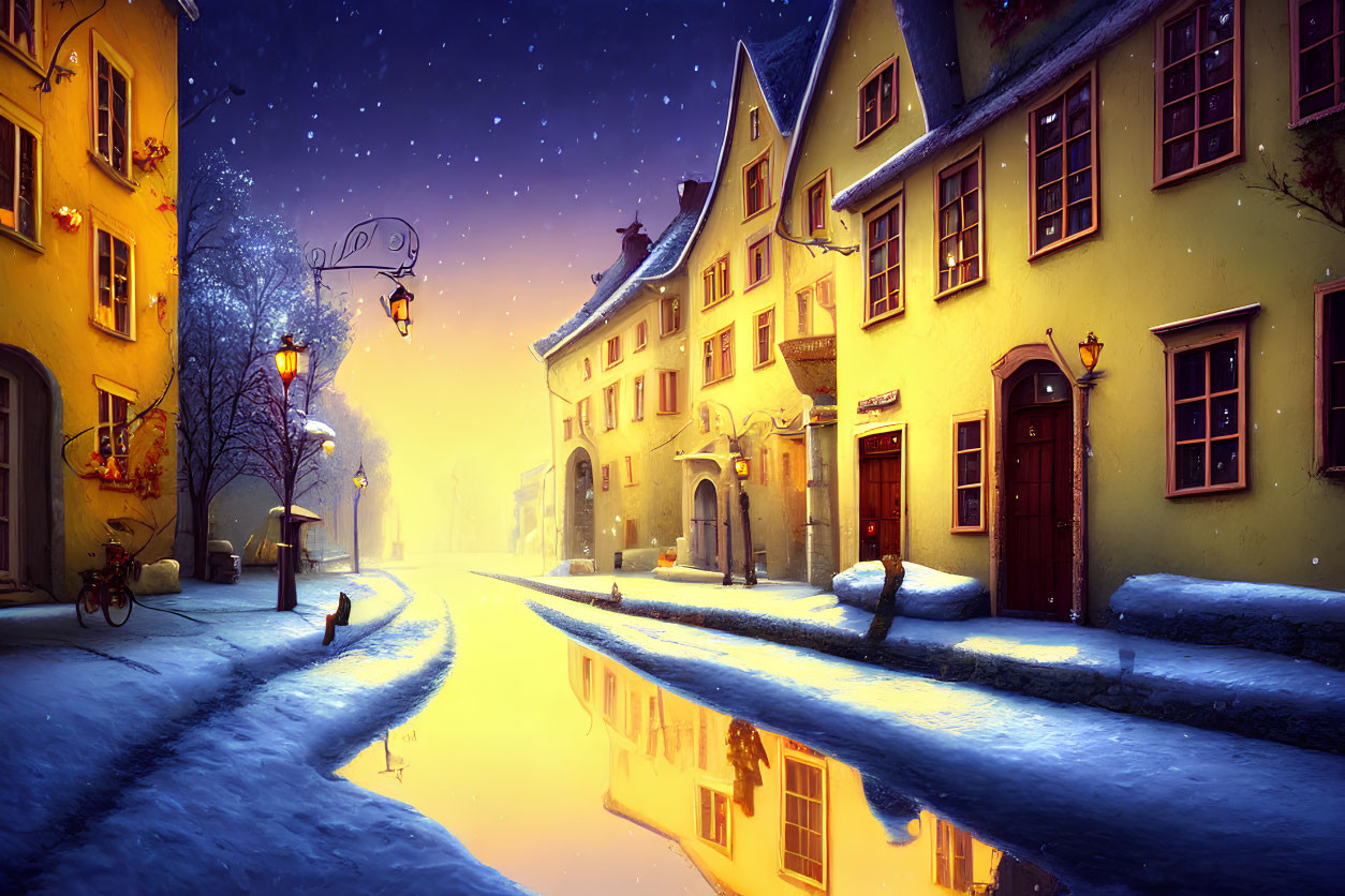 Snow-covered street with vintage buildings and glowing lights at twilight by a serene canal