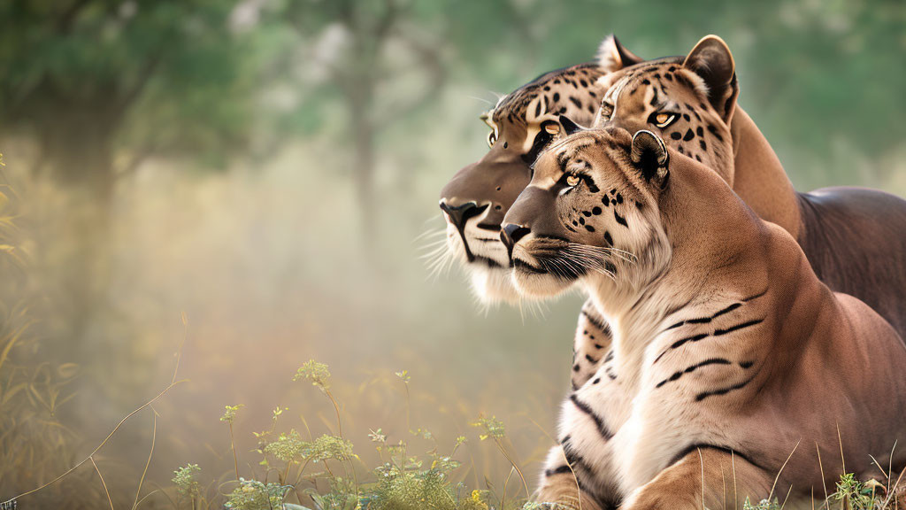 Two Tigers Sitting in Serene Forest Setting
