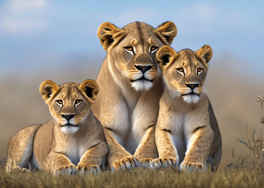 Three lions displaying calm power and familial bonds in serene backdrop.