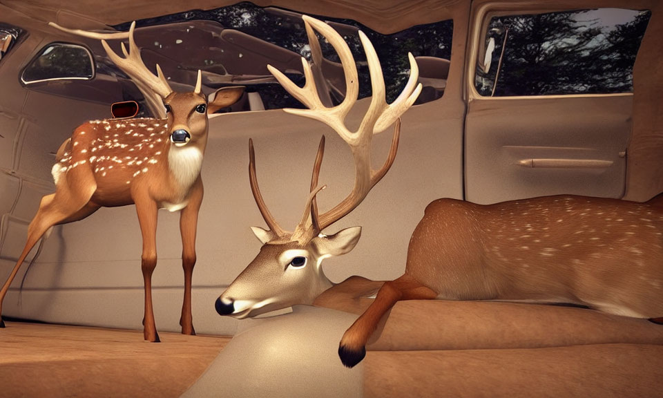 Animated deer with expressive eyes and exaggerated antlers in vehicle