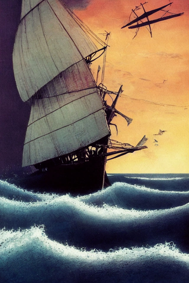 Sailing ship with billowing sails on rough seas in dusky sky