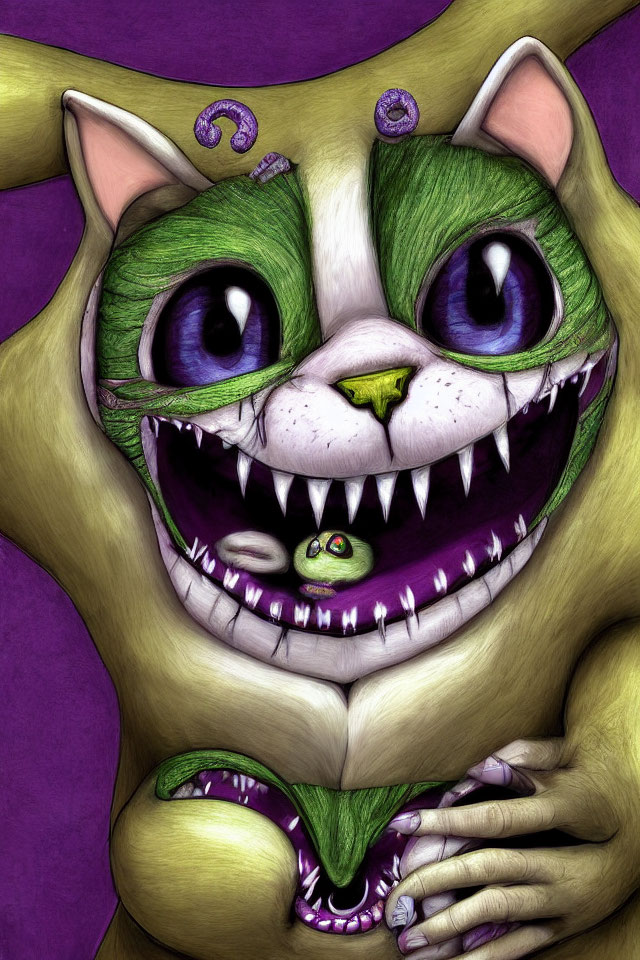 Whimsical drawing of a Cheshire Cat with oversized eyes, sharp teeth, green fur, and