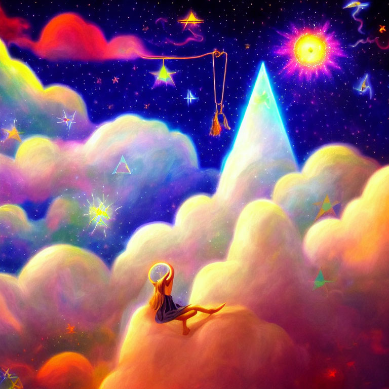 Colorful artwork of person on cloud gazing at vibrant starry sky