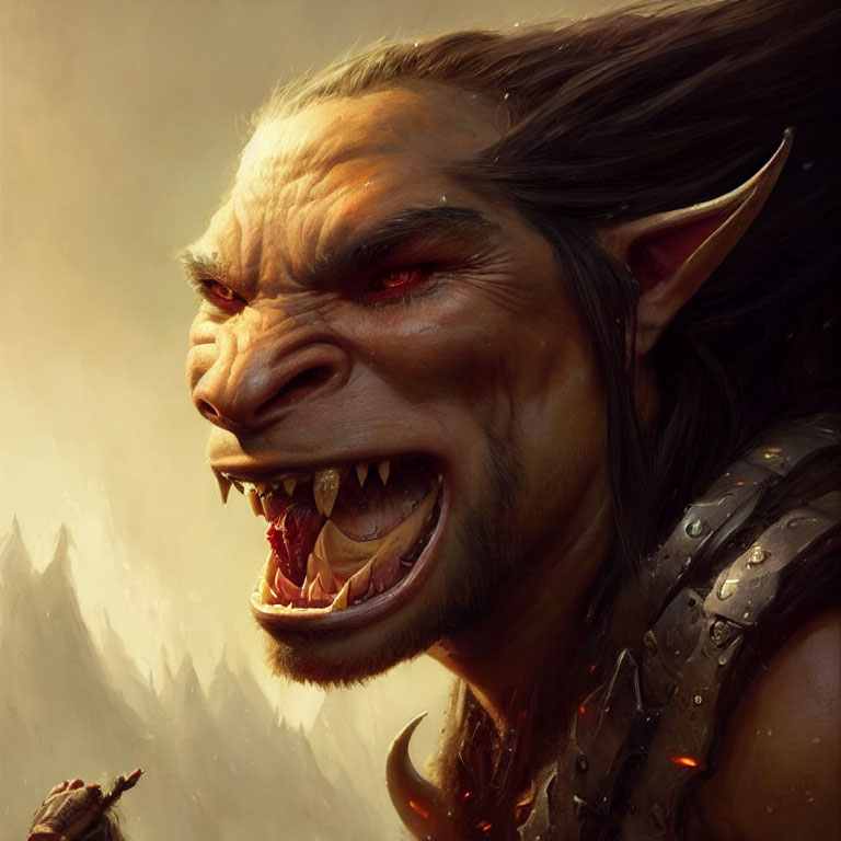 Fierce orc-like creature with sharp teeth in misty mountains