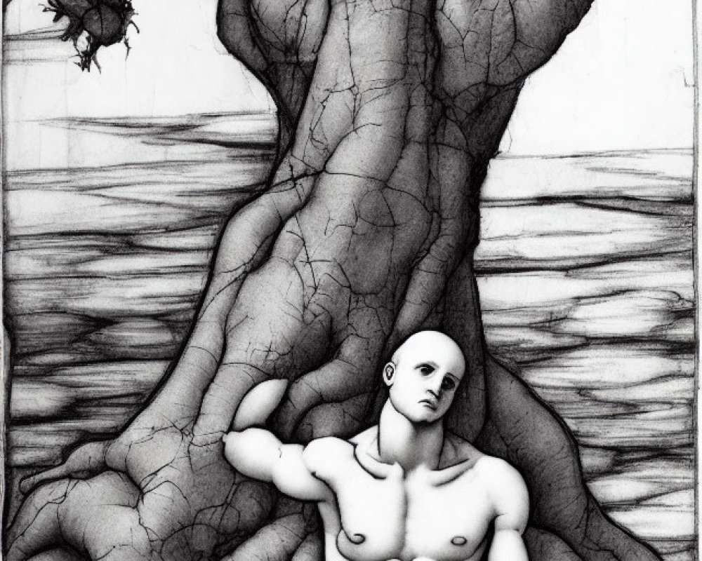 Surreal illustration: nude figure by gnarled tree