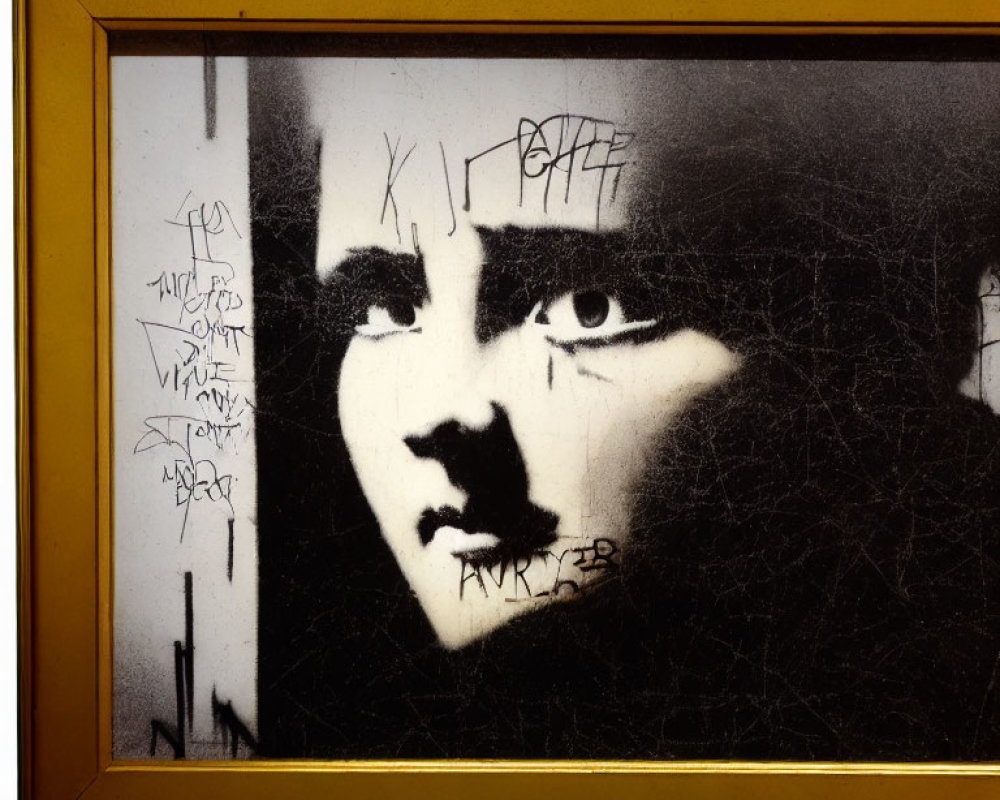 Black and White Stencil Artwork with Graffiti-Style Writing in Golden Frame