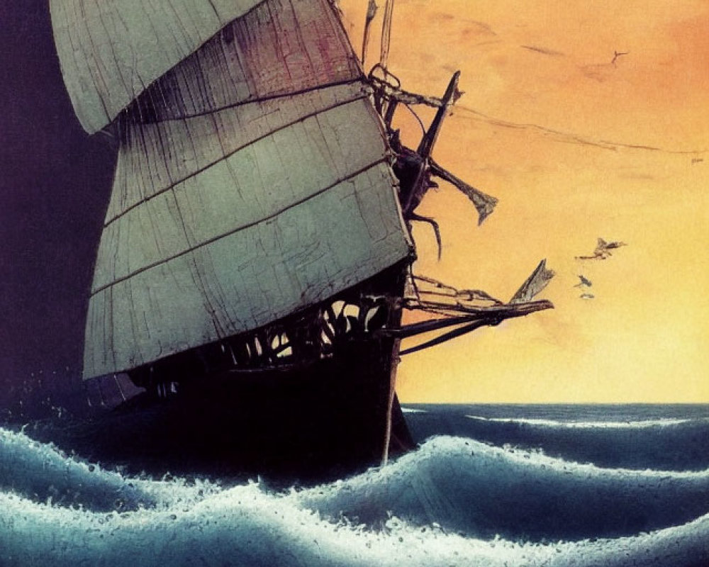Sailing ship with billowing sails on rough seas in dusky sky