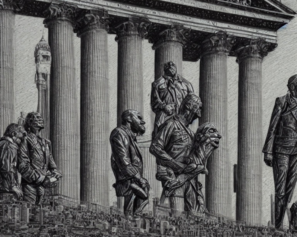 Monochrome artwork: Colossal statues and classical columns in miniature cityscape