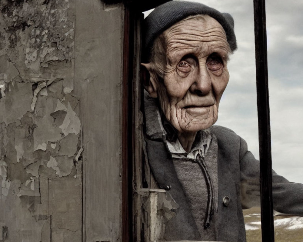 Weathered face and gray hat of elderly person looking through broken window in dilapidated building with over
