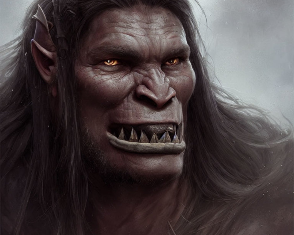 Fantasy creature portrait with sharp teeth, pointed ears, yellow eyes, and dark hair