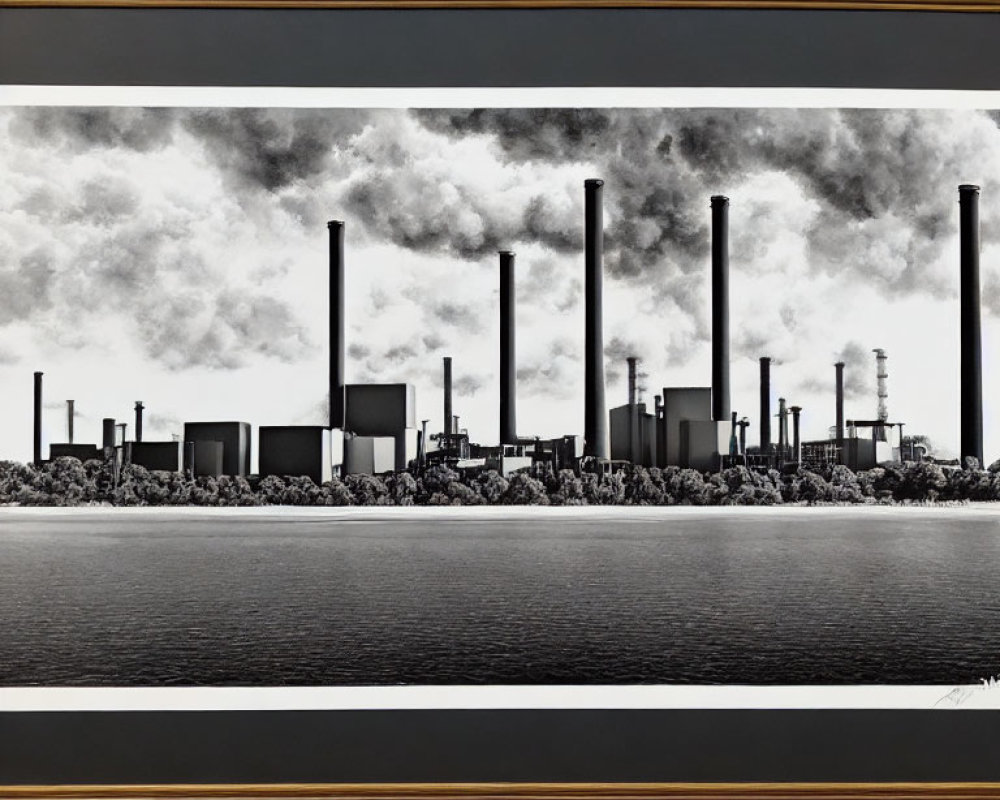 Monochromatic framed artwork of industrial landscape with smokestacks and water reflection