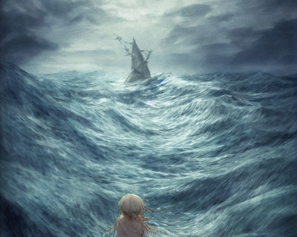 Blonde Girl Watching Ship in Stormy Seas