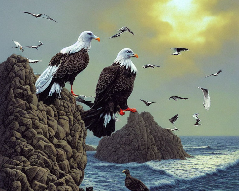 Majestic bald eagles on rocky cliff with ocean backdrop