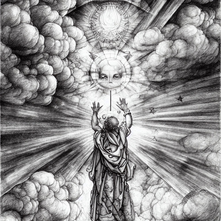 Monochromatic drawing of robed figure reaching towards celestial sun with eye, surrounded by clouds and light