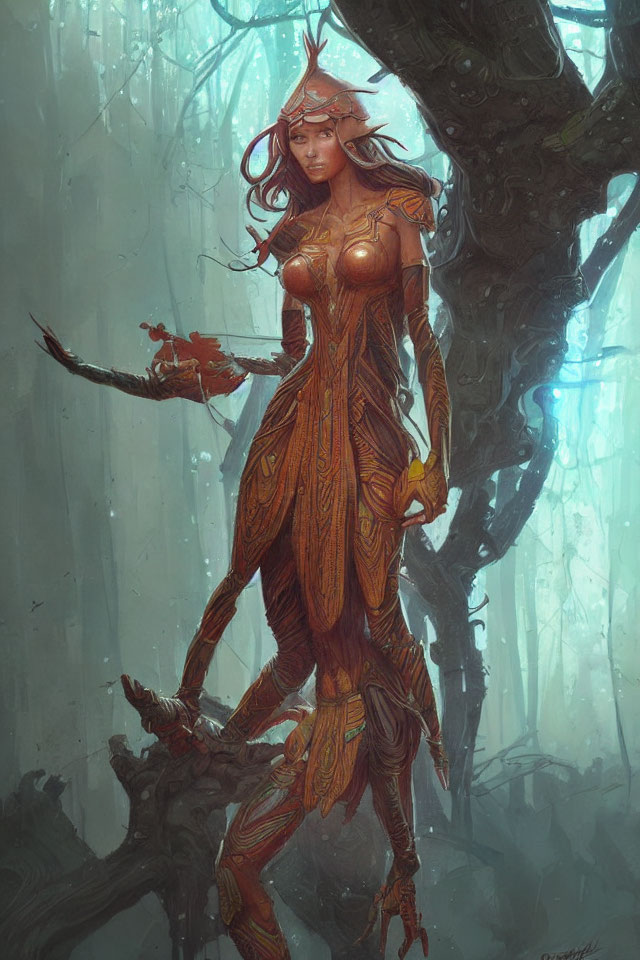 Fantasy warrior in ornate armor on tree branch in misty forest