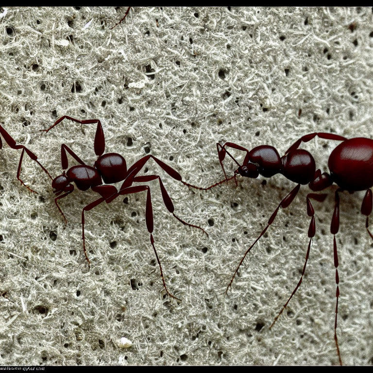 Ants Interacting on Rough Gray Surface: Detailed Textures and Antennae Touching