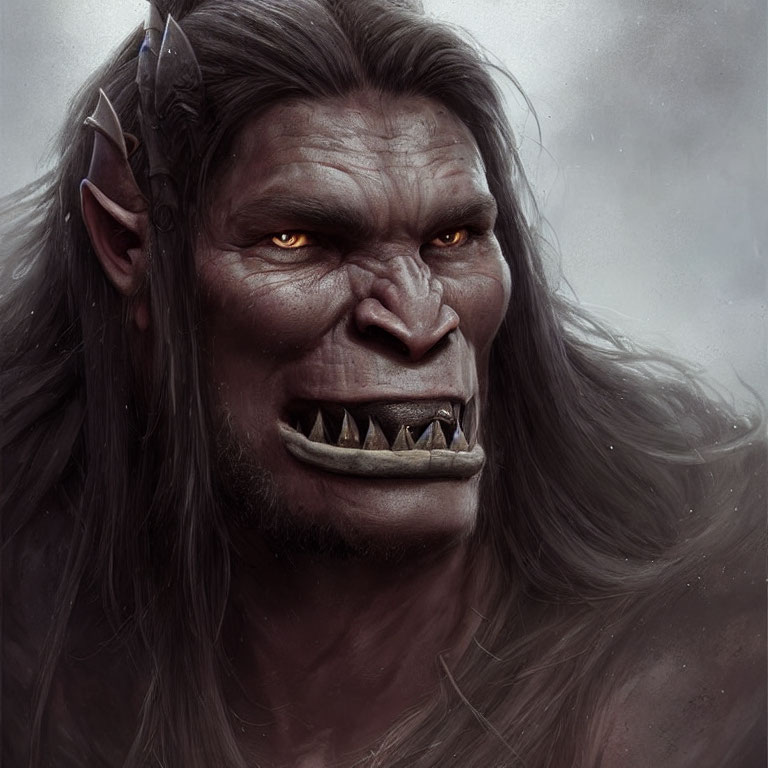 Fantasy creature portrait with sharp teeth, pointed ears, yellow eyes, and dark hair