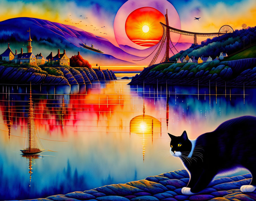 Colorful artwork: black and white cat with sunset backdrop, water, bridge, village, hills