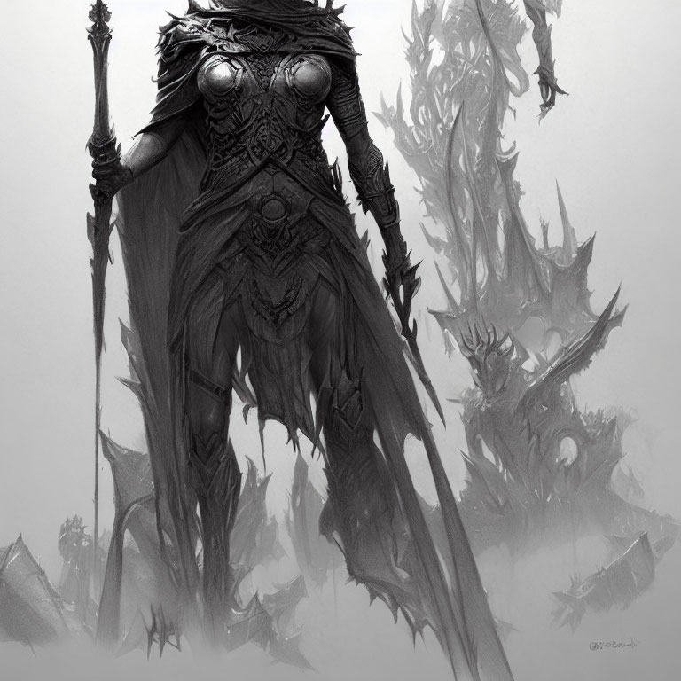 Monochromatic fantasy sketch: Armored figure with staff in intricate armor, backdrop of spired structures