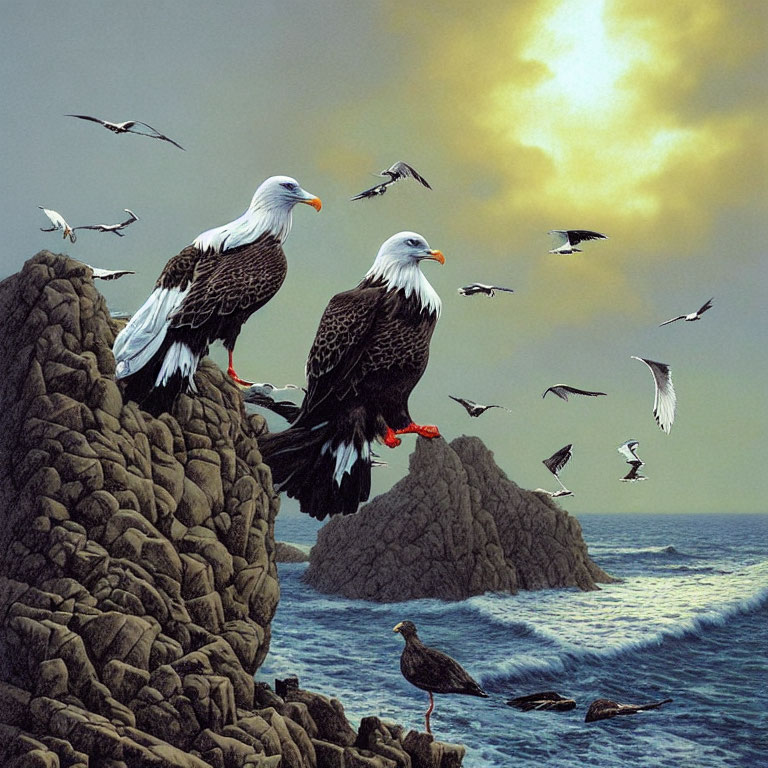 Majestic bald eagles on rocky cliff with ocean backdrop