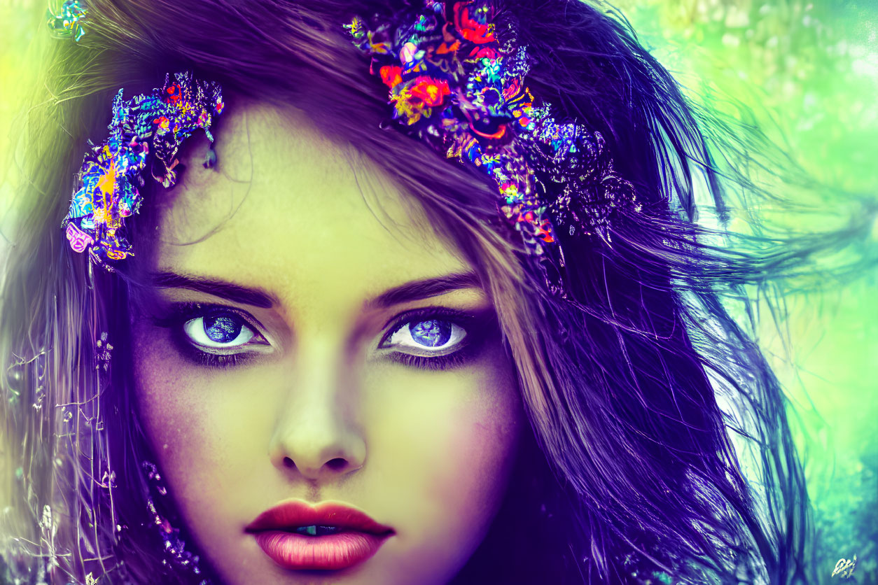 Colorful digital portrait of a woman with intense eyes and floral fantasy elements