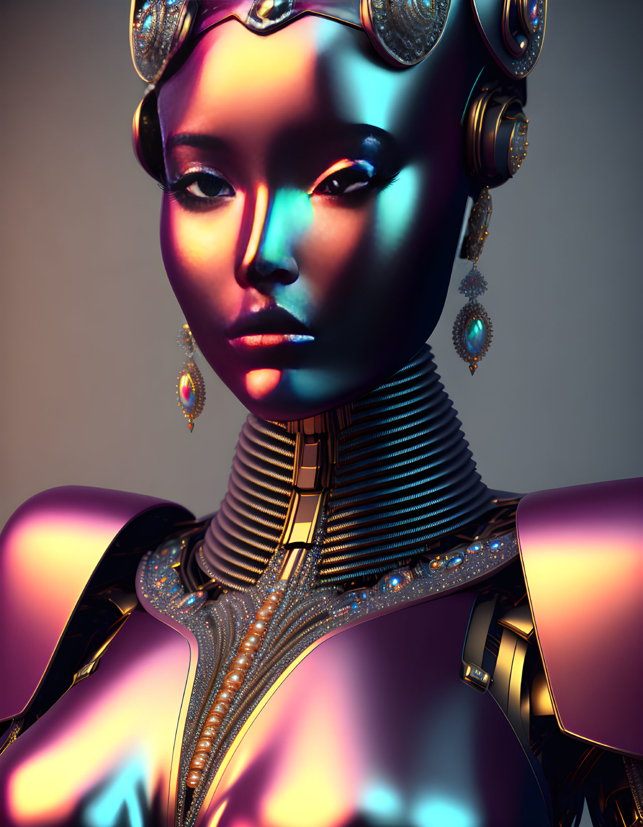 Stylized Female Android with Metallic Skin and Futuristic Attire