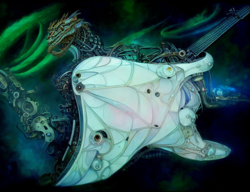 Mechanical dragon with intricate gears on a green and blue backdrop