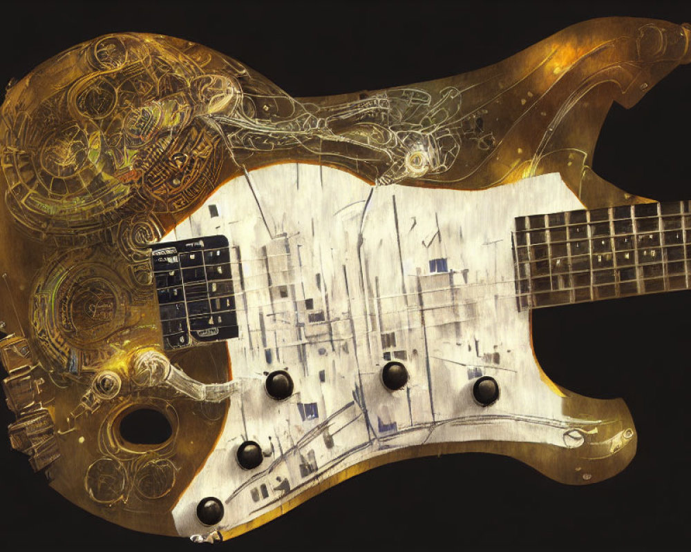 Steampunk-themed electric guitar with intricate metallic designs and clockwork elements