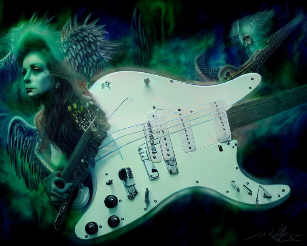 Surreal artwork of woman, owl, and electric guitar in mystical mist