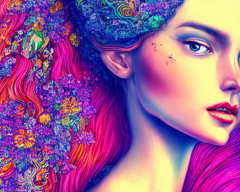 Colorful portrait of woman with pink hair and floral pattern blending into skin