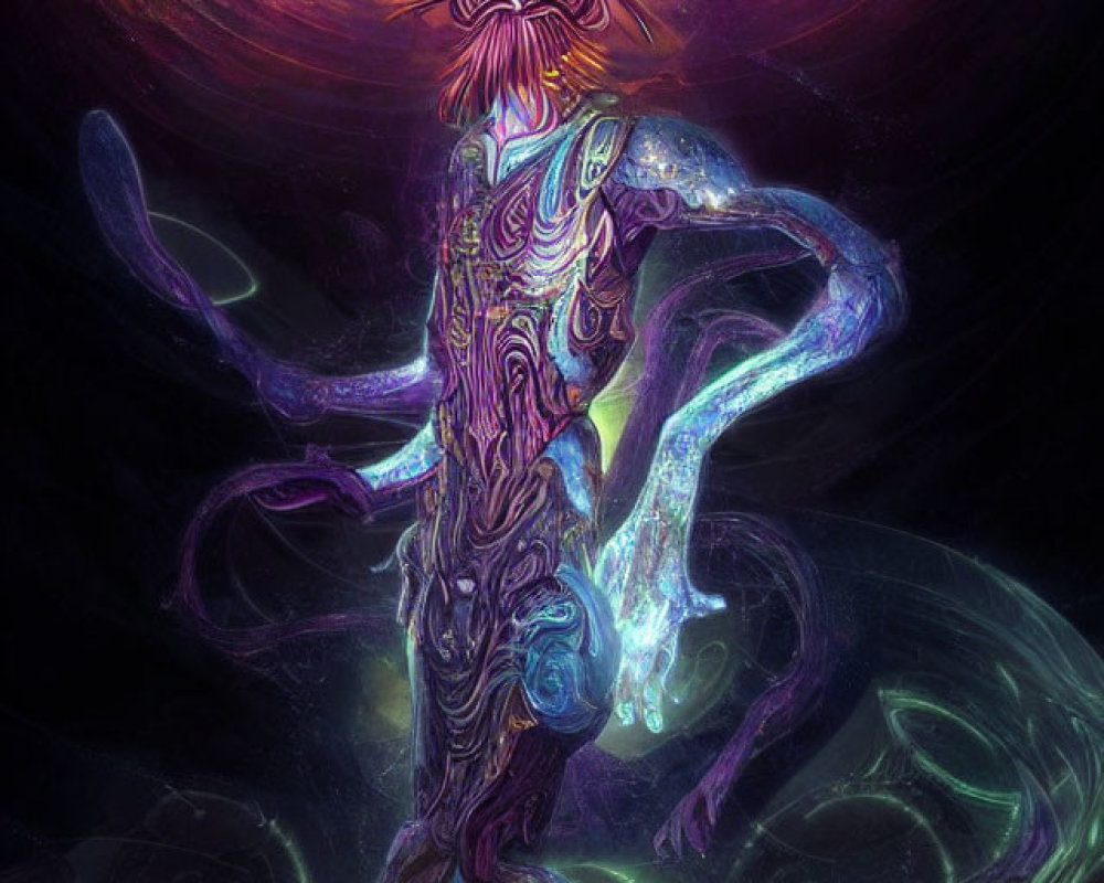 Vibrant cosmic entity digital artwork with glowing purple and blue body against starry backdrop.