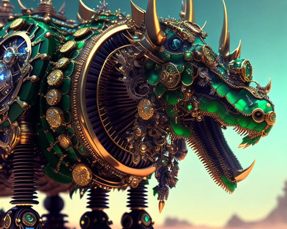 Intricate mechanical dragon with gold and gears in desert landscape