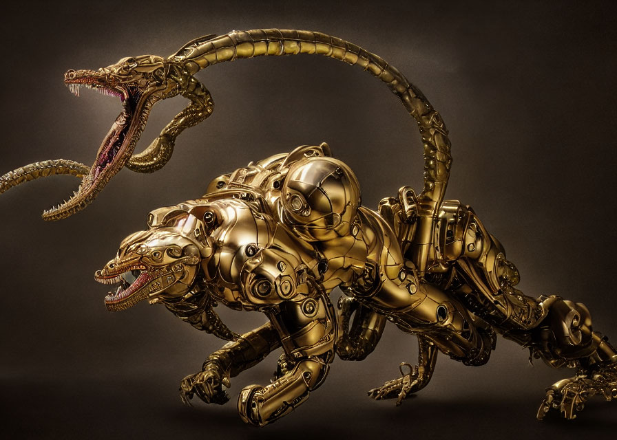 Three-headed mechanical creature with serpentine necks and golden armored bodies