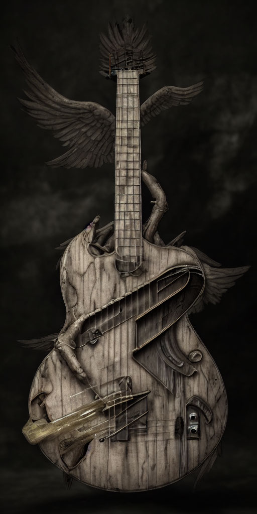Surreal artwork: Guitar transforming into violin with wings, door, stairs, whimsical elements
