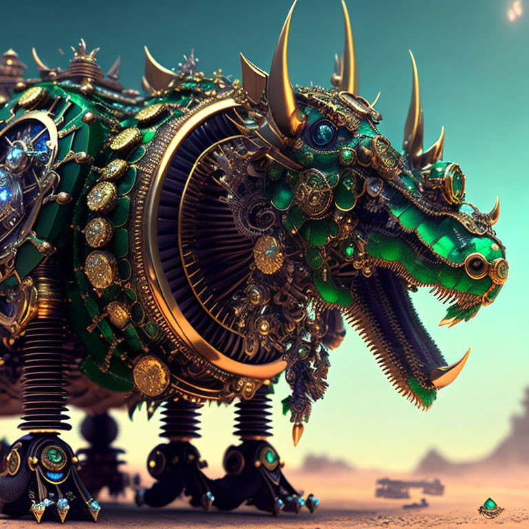 Intricate mechanical dragon with gold and gears in desert landscape