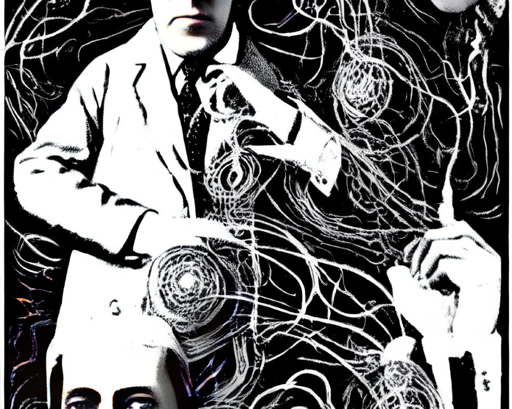 Monochrome collage with stern man portraits on abstract black and white swirls