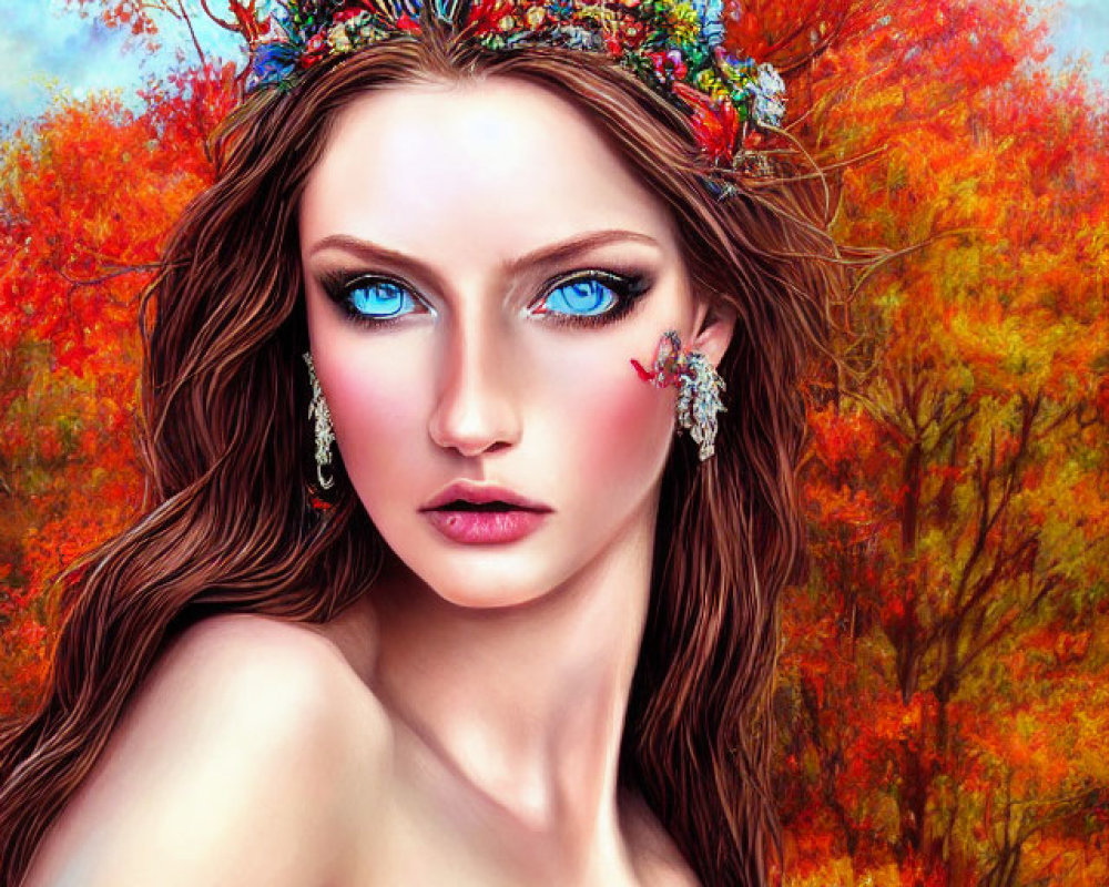 Woman with Blue Eyes and Floral Crown in Autumnal Setting