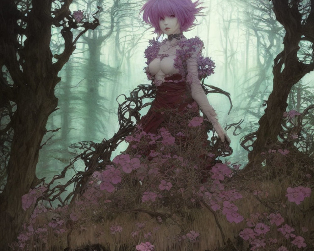 Purple-haired female figure in floral dress in misty forest