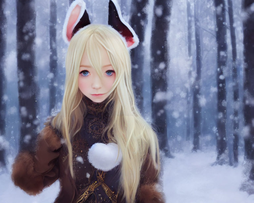 Blonde Girl with Blue Eyes and Animal Ears in Snowy Forest